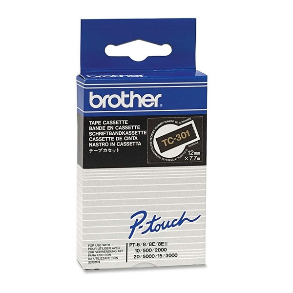 Brother TC-301 | guld text - svart märkband  | 12mm x 7.7m (original) 088840 - 1