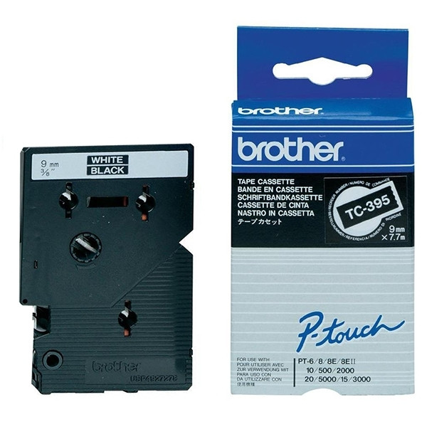 Brother TC-395 | vit text - svart tejp | 9mm x 7.7m (original) TC-395 088844 - 1