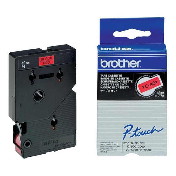 Brother TC-401 | svart text - röd tejp | 12mm x 7.7m (original) TC-401 088846 - 1