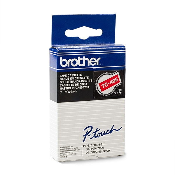 Brother TC-495 | vit text - röd tejp | 9mm x 7.7m (original) TC-495 088850 - 1