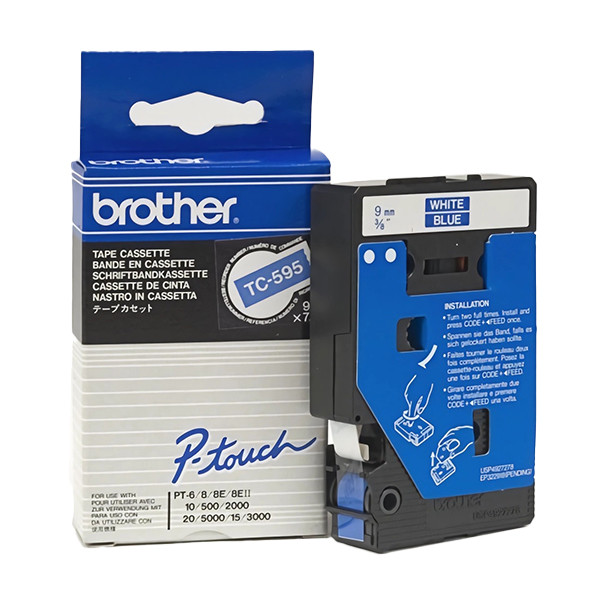 Brother TC-595 | vit text - blå tejp | 9mm x 7.7m (original) TC-595 088856 - 1