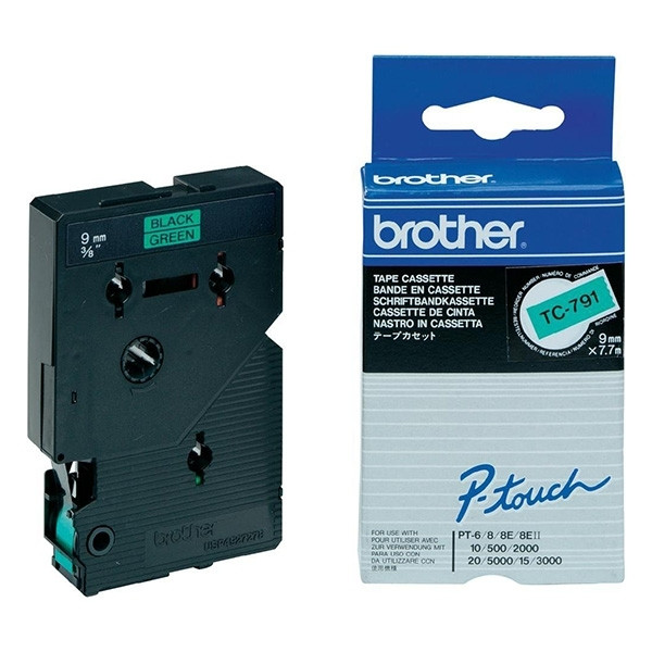 Brother TC-791 | svart text - grön tejp | 9mm x 7.7m (original) TC-791 088862 - 1