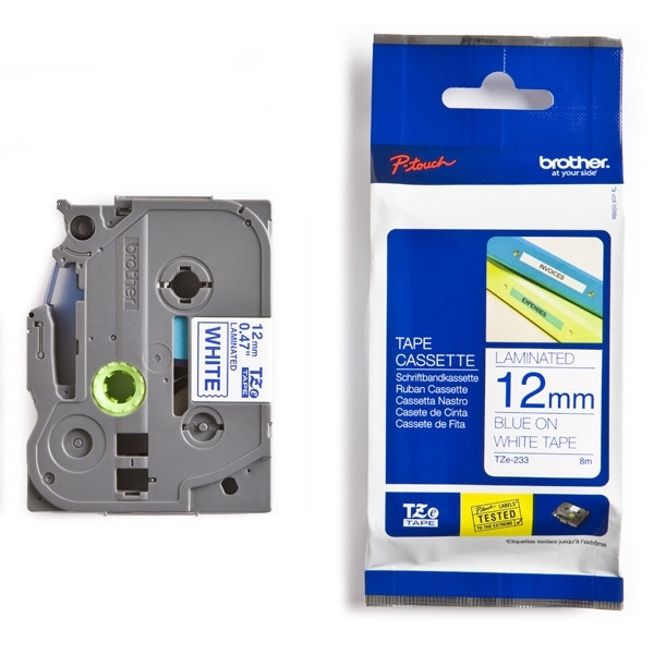 Brother TZe-233 | blå text - vit märkband  | 12mm x 8m (original) 080424 - 1