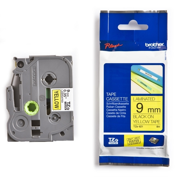 Brother TZe-621 | svart text - gul märkband  | 9mm x 8m (original) 080414 - 1