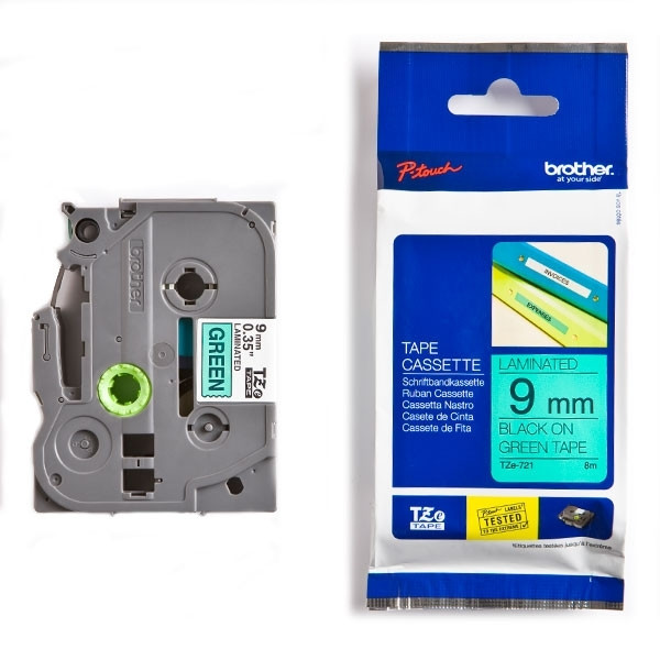 Brother TZe-721 | svart text - grön märkband  | 9mm x 8m (original) 080494 - 1