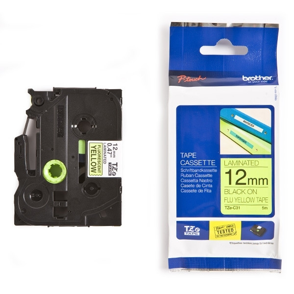 Brother TZe-C31 | svart text - neongul märkband  | 12mm x 5m (original) 080652 - 1
