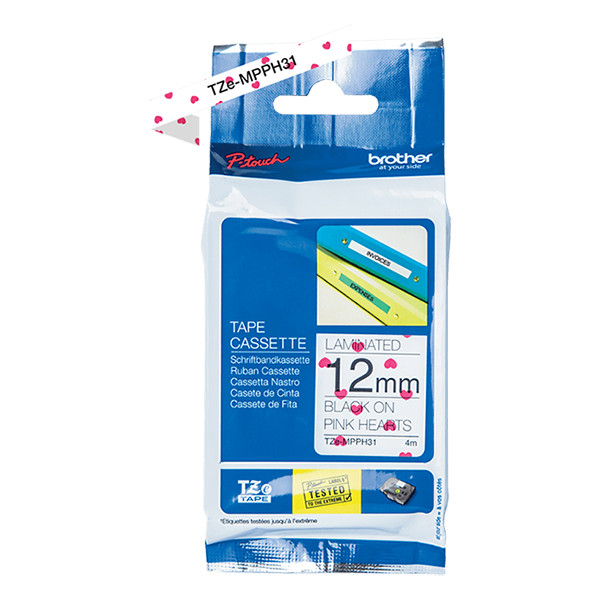 Brother TZe-MPPH31 | svart text - vit märkband  med röda hjärtan | 12mm x 4m (original) 350562 - 1