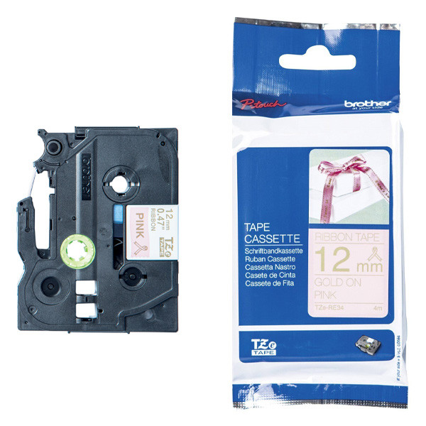 Brother TZe-RE34 | guld text - rosa märkband  | 12mm x 8m (original) 080958 - 1