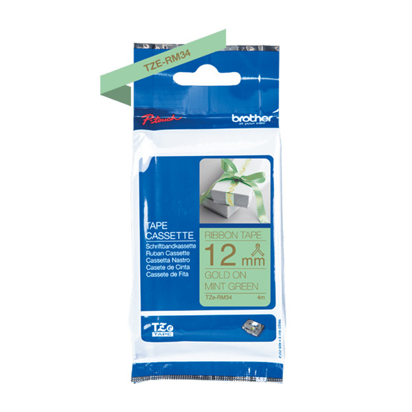 Brother TZe-RM34 | guld text - mintgrön märkband  | 12mm x 4m (original) 350544 - 1