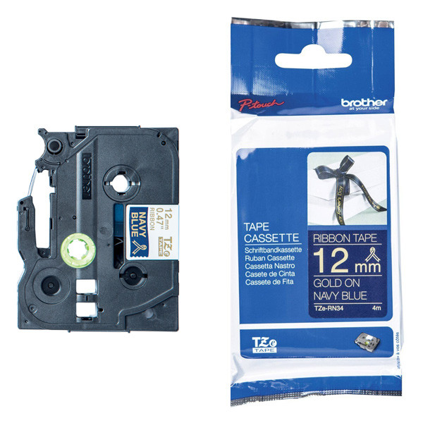 Brother TZe-RN34 | guld text - marinblå märkband  | 12mm x 8m (original) 080960 - 1