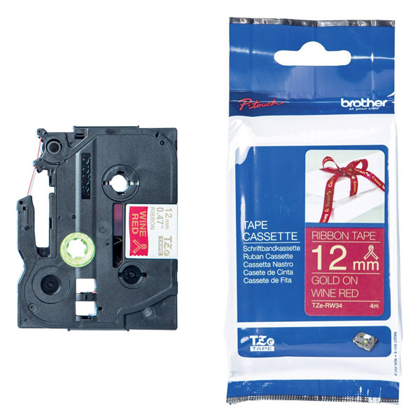 Brother TZe-RW34 | guld text - vinröd märkband  | 12mm x 8m (original) 080962 - 1
