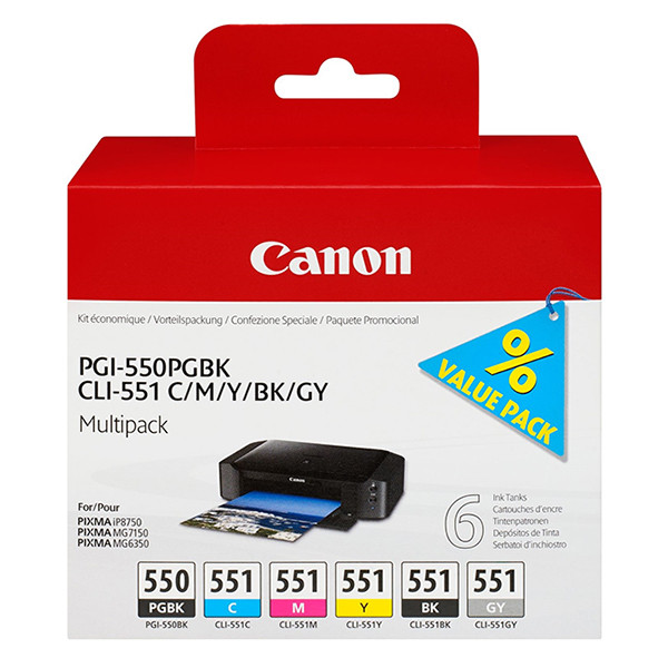 Canon PGI-550PGBK/CLI-551 C/M/Y/BK/GY bläckpatron 6-pack (original) 6496B005 017436 - 1