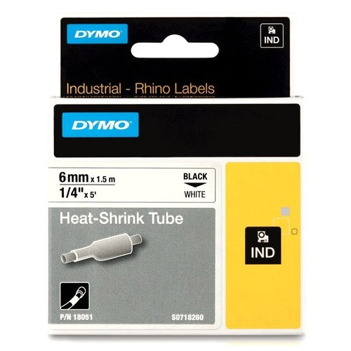 | Dymo S0718260 | 18051 | IND Rhino | Heat Shrink | svart text - vit tejp | 6mm (original) 088694 - 1