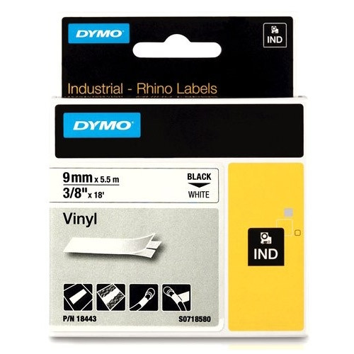 | Dymo S0718580 | 18443 | IND Rhino | svart text - vit tejp | 9mm (original) 088600 - 1