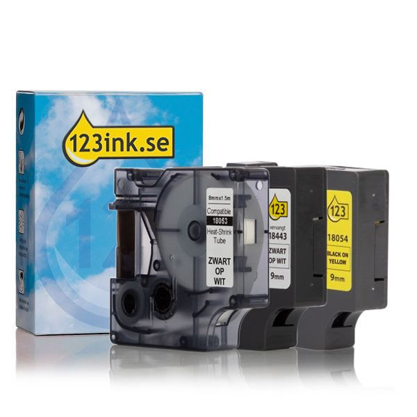 Dymo | IND Rhino | Heat Shrink | multipack | svart text - vit/gul tejp | 12mm (varumärket 123ink) 18053C 18054C 18443C 089243 - 1