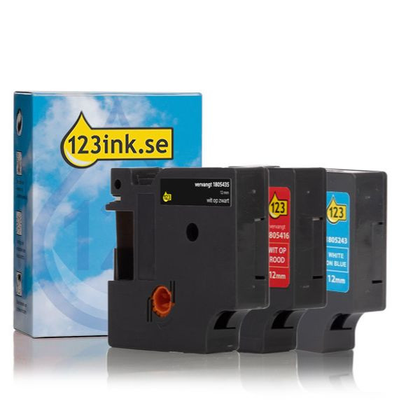Dymo | IND Rhino | multipack | svart text - vit/röd/blå tejp | 12mm (varumärket 123ink) 1805243C 1805416C 1805435C 089233 - 1