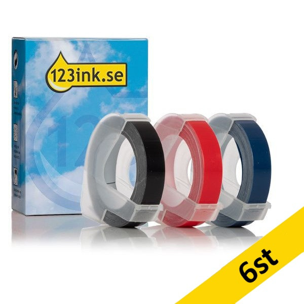 Dymo | embossing tejp | multipack | vit text - svart/röd/blå tejp | 9mm (varumärket 123ink) | 6st 089247 - 1