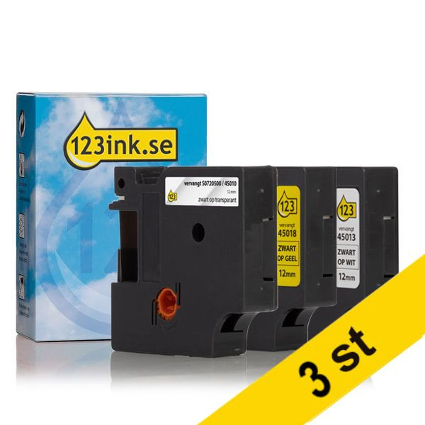 Dymo D1 | multipack | svart text - vit/transparent/gul tejp | 12mm (varumärket 123ink)​​​​​​​ | 9st S0720500C S0720530C S0720580C 089290 - 1