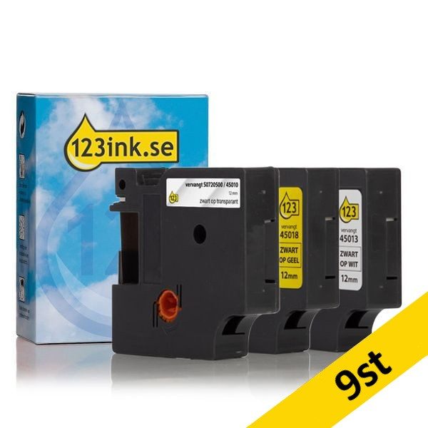 Dymo D1 | multipack | svart text - vit/transparent/gul tejp | 12mm (varumärket 123ink)​​​​​​​ | 9st 089290 - 1