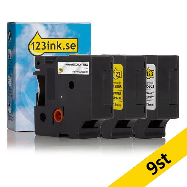 Dymo D1 | multipack | svart text - vit/transparent/gul tejp | 19mm (varumärket 123ink)​​​​​​​ | 9st 089297 - 1