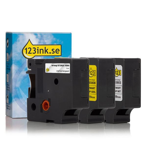 Dymo D1 | multipack | svart text - vit/transparent/gul tejp | 19mm (varumärket 123ink)​​​​​​​ S0720820C S0720830C S0720880C 089226 - 1