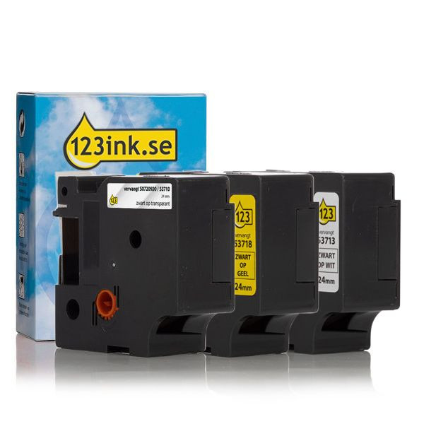Dymo D1 | multipack | svart text - vit/transparent/gul tejp | 24mm (varumärket 123ink)​​​​​​​ S0720920C S0720930C S0720980C 089227 - 1