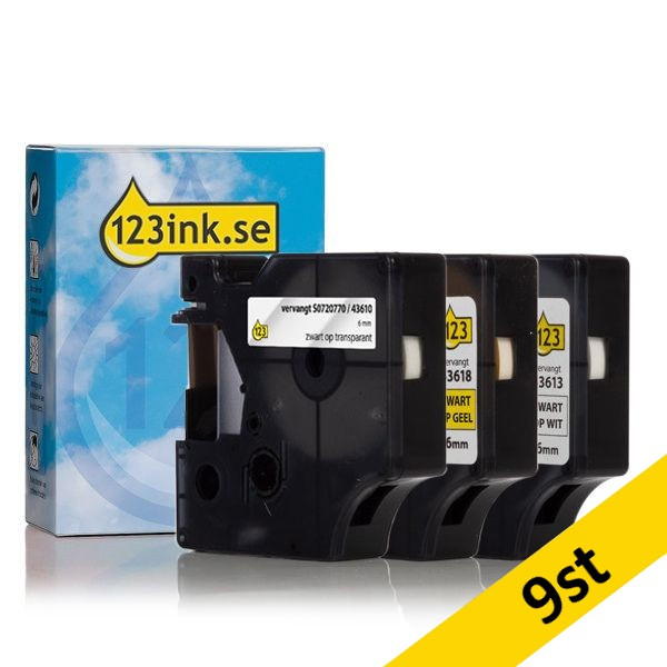 Dymo D1 | multipack | svart text - vit/transparent/gul tejp | 6mm (varumärket 123ink)​​​​​​​ | 9st 089296 - 1