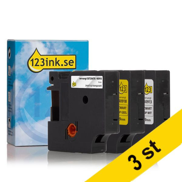 Dymo D1 | multipack | svart text - vit/transparent/gul tejp | 9mm (varumärket 123ink)​​​​​​​ | 9st S0720670C S0720680C S0720730C 089292 - 1