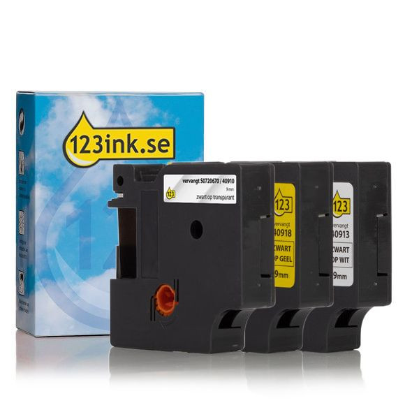 Dymo D1 | multipack | svart text - vit/transparent/gul tejp | 9mm (varumärket 123ink)​​​​​​​ S0720670C S0720680C S0720730C 089229 - 1