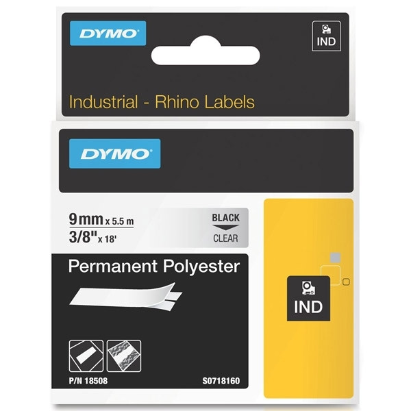 Dymo S0718160 | 18508DMO | IND Rhino | svart text - transparent tejp | 9mm (original) 18508DMO S0718160 088676 - 1