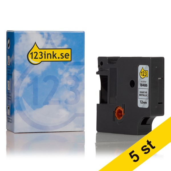 Dymo S0718180 | 18486 | IND Rhino | svart text - metallic tejp | 12mm (varumärket 123ink) | 5st S0718180C 650621 - 1