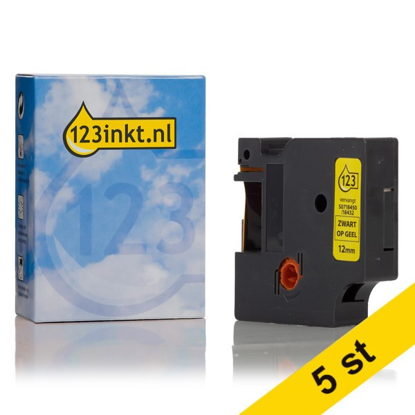 Dymo S0718450 | 18432 | IND Rhino | svart text - gul tejp | 12mm (varumärket 123ink) | 5st S0718450C 650584 - 1