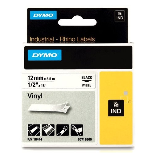 Dymo S0718600 | 18444 | IND Rhino | svart text - vit tejp | 12mm (original) 18444 088602 - 1