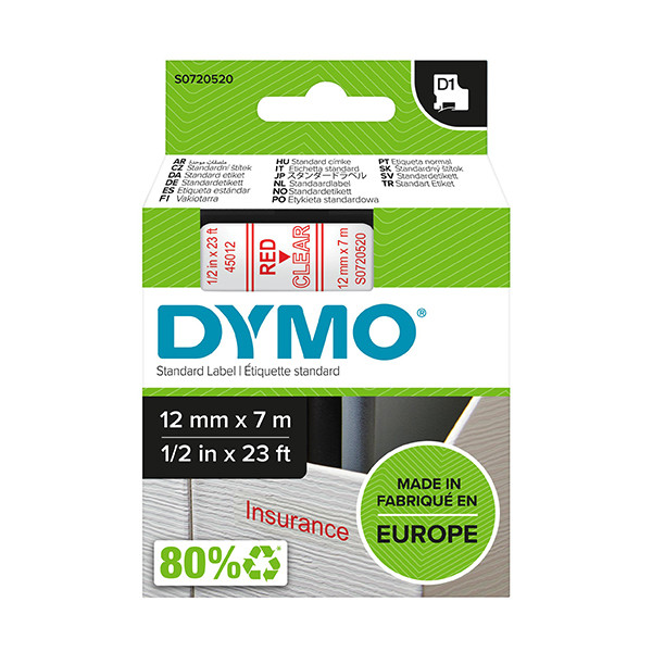 Dymo S0720520 | 45012 | röd text - transparent tejp | 12mm (original) S0720520 088204 - 1