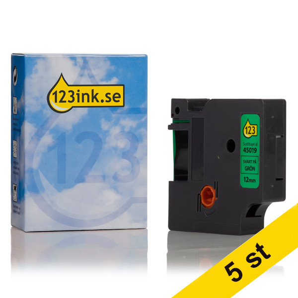 Dymo S0720590 | 45019 | svart text - grön tejp | 12mm (varumärket 123ink) | 5st S0720590C 650594 - 1