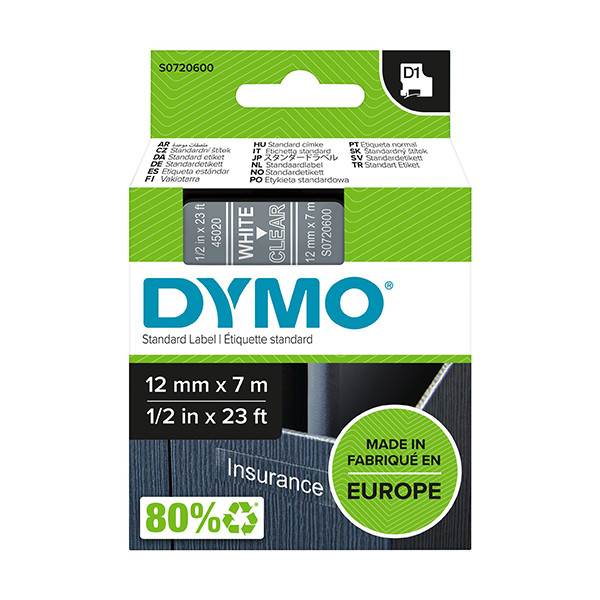 Dymo S0720600 | 45020 | vit text - transparent tejp | 12mm (original) S0720600 088220 - 1