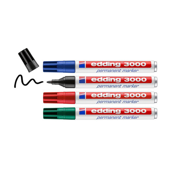 Märkpenna permanent 1.5mm - 3.0mm | Edding 3000 | sorterade färger | 4st 232633 - 2