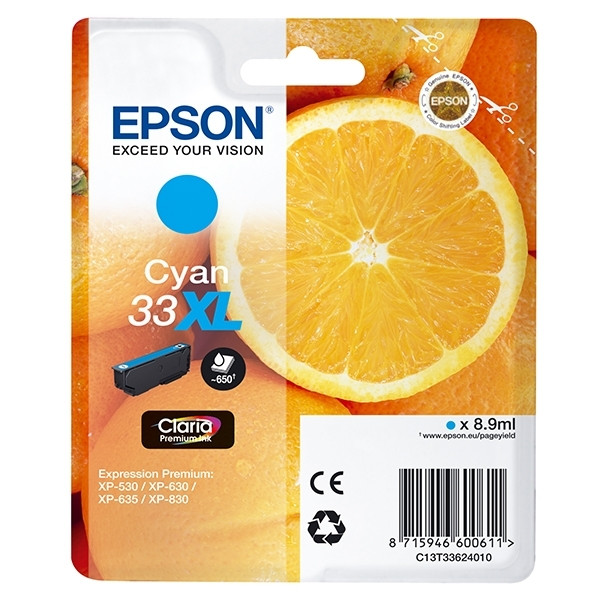 Epson 33XL (T3362) cyan bläckpatron hög kapacitet (original) C13T33624010 C13T33624012 026858 - 1