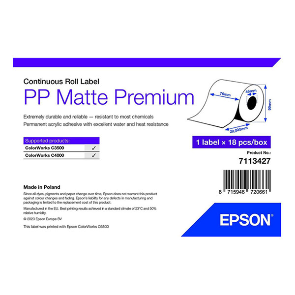 Epson 7113427 PP premium matt kontinuerlig etikettrulle 76mm x 29m (original) 7113427 083692 - 1