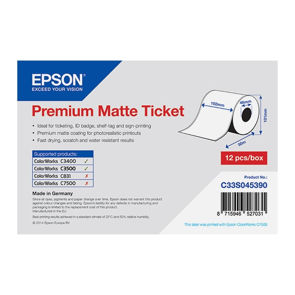 Epson C33S045390 | premium matt biljettrulle | 102mm x 50m (original) C33S045390 083370 - 1