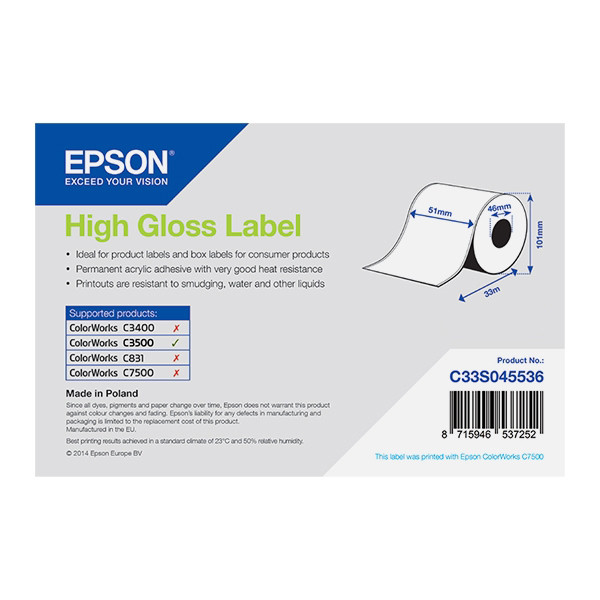 Epson C33S045536 | högblank etikett | 51mm x 33m (original) C33S045536 083362 - 1