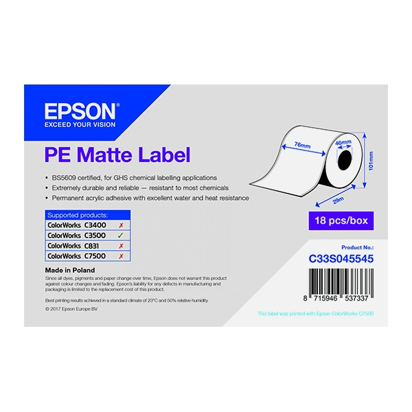 Epson C33S045545 | PE matt etikett | 76mm x 29m (original) C33S045545 083402 - 1