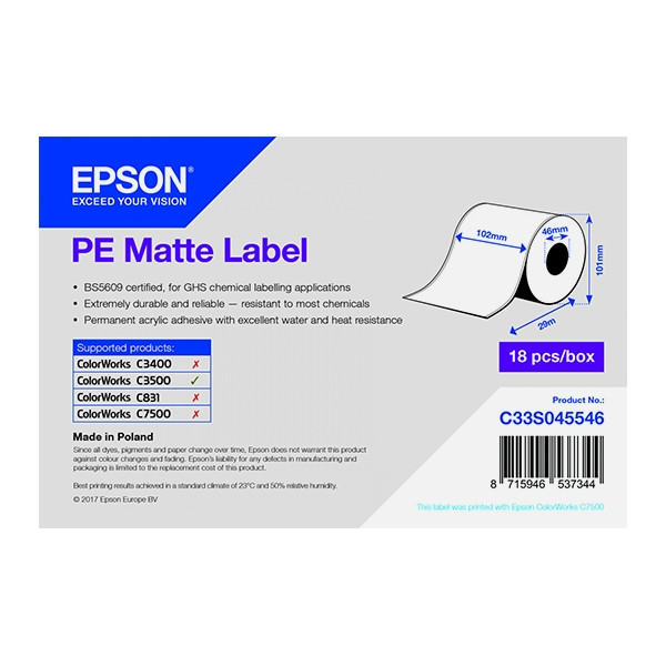 Epson C33S045546 | PE matt etikett | 102mm x 29m (original) C33S045546 083400 - 1