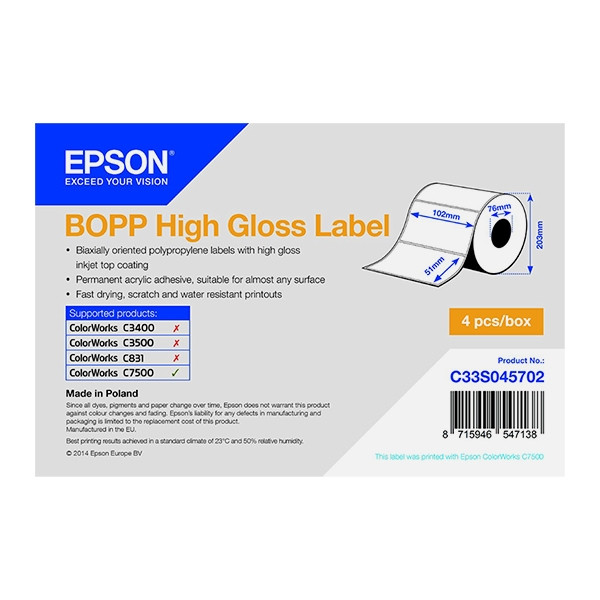 Epson C33S045702 | BOPP högblank etikett | 102 x 51mm (original) C33S045702 083348 - 1
