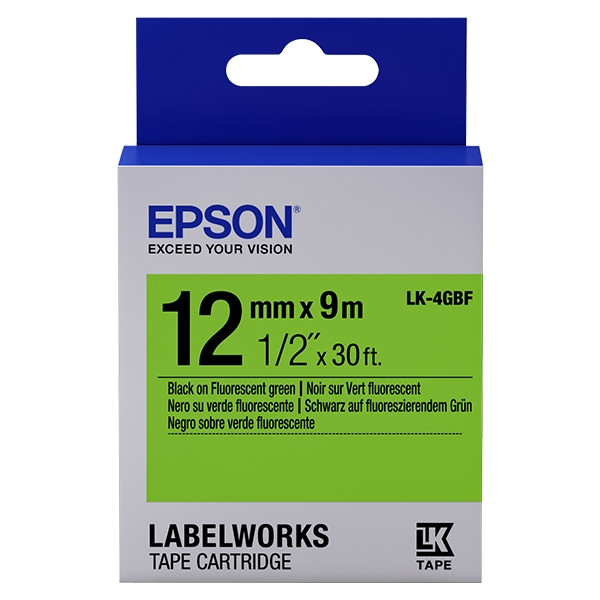 Epson LK-4GBF | svart text - fluorescerande grön tejp | 12mm (original) C53S654018 083202 - 1