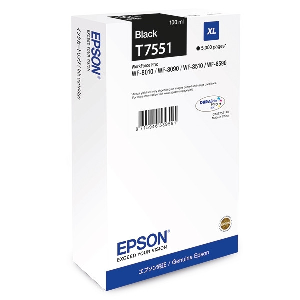 Epson T7551 svart bläckpatron hög kapacitet (original) C13T755140 026680 - 1