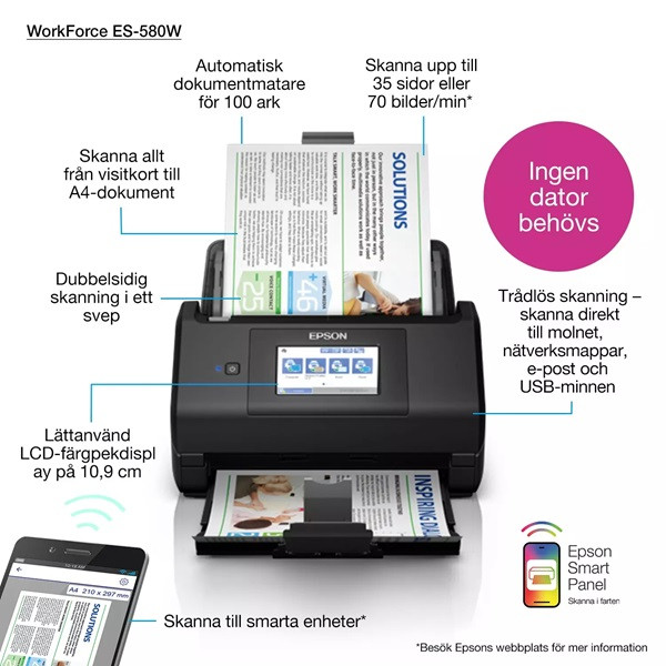 Epson WorkForce ES-580W A4 Scanner med WiFi [3,5kg] B11B258401 831804 - 4