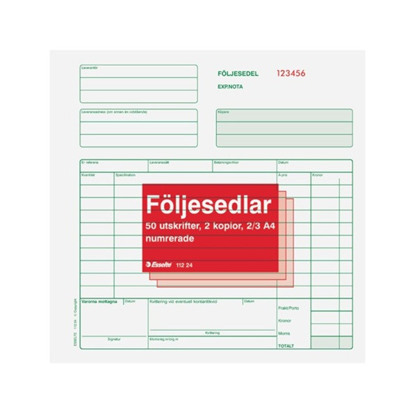 Följesedel A4 | numrerad med två kopior | Esselte | 3x50 blad | 1st SE001534 - 1