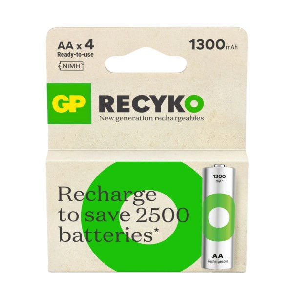 GP 1300 ReCyko Uppladdningsbart AA | HR06 Ni-Mh batteri 4-pack AA HR06 HR6 AGP00108 - 1