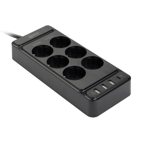 Grenuttag 2m | 6 uttag + USB | svart | 123ink 390030 - 1